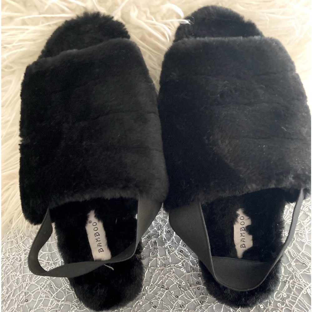 Black bedazzled slippers by Bamboo